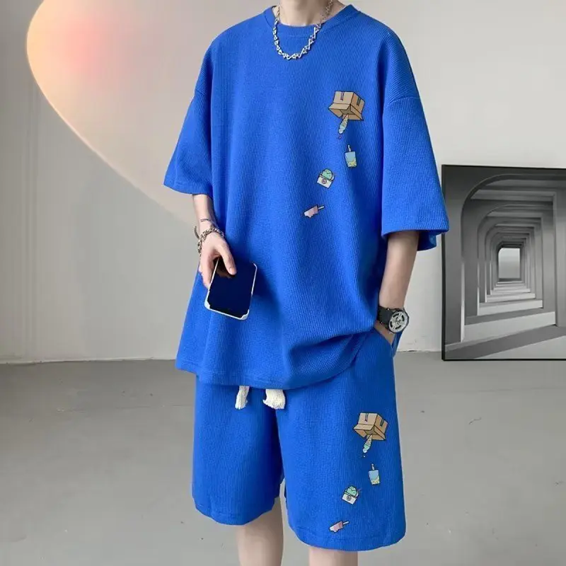 Bộ Áo Phông ngoại Cỡ Thiết Kế Bánh Quế, Dành Cho Nam Giới, Trang Phục Mùa Hè, ngắn Tay Áo, Quần Đùi, Bộ Hai Mảnh, Thích Hợp Cho Các Hoạt Động Thể Thao Thường Ngày, Hoàn Hảo Để Phối Đồ 5