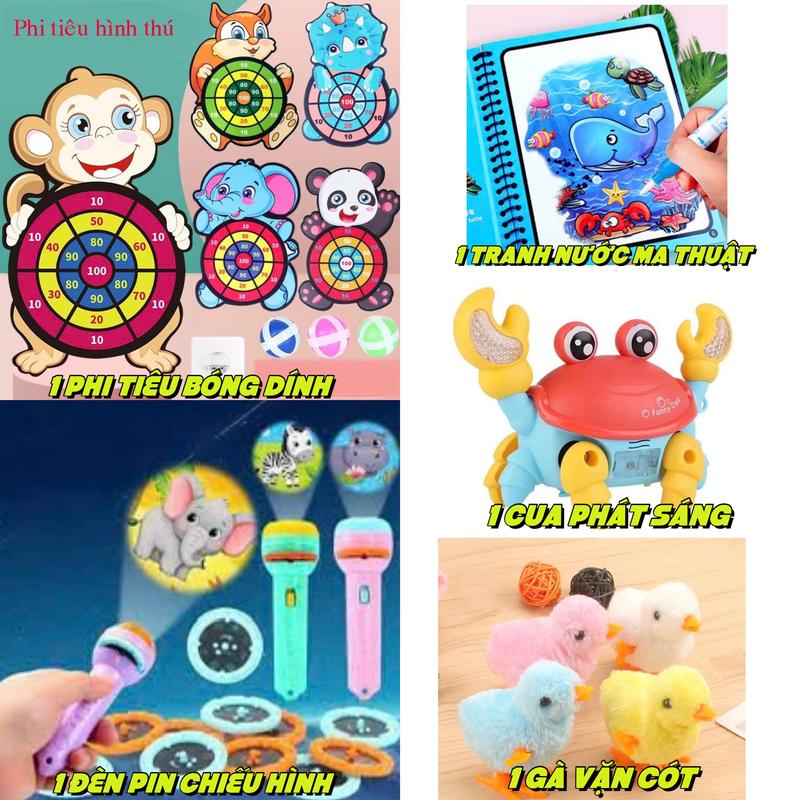 Combo 5 -10 món đồ chơi cho bé gồm Cua phát sáng, Đèn pin chiếu 80 hình, Tranh tô màu nước ma thuật, Phi tiêu bóng dính, Gà vặn cót, 5 tranh ghép hình 3D