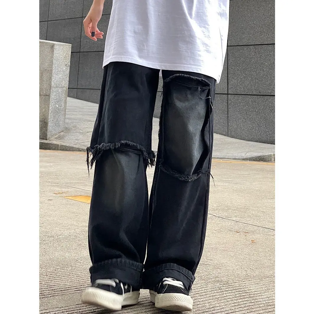 Quần Đường Phố, Dành Cho Nam Và Nữ, Phong Cách Châu Âu Và Hiphop, Rộng Rãi Và Thẳng, Thích Hợp Cho Học Sinh, Quần Jean Rách Màu Đen, Thời Trang, Thiết Kế N Pants Menswear