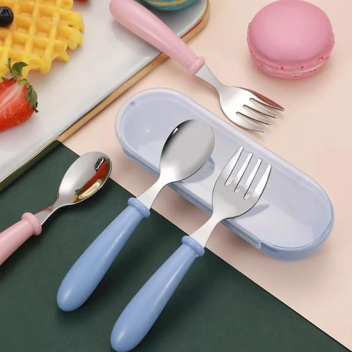 Baby Plain Stainless Spoon and Fork Set with Case Training Spoon for Toddlers