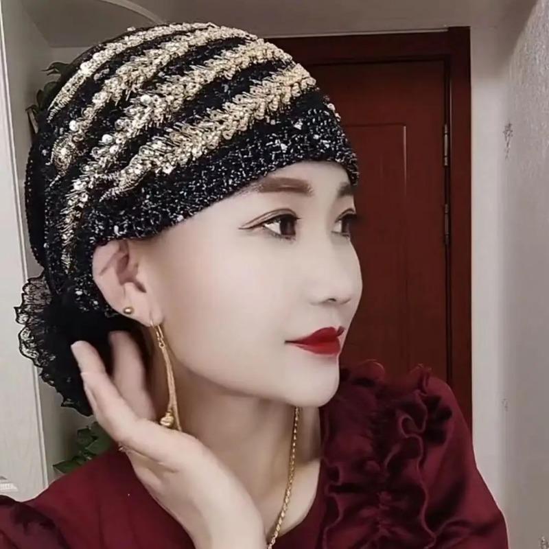 Glitter Diamonds Embroidery Lace Turban Hats for Women Muslim Headscarf Head Wraps Caps Female Daily Beanie Hair Cover Cap 4
