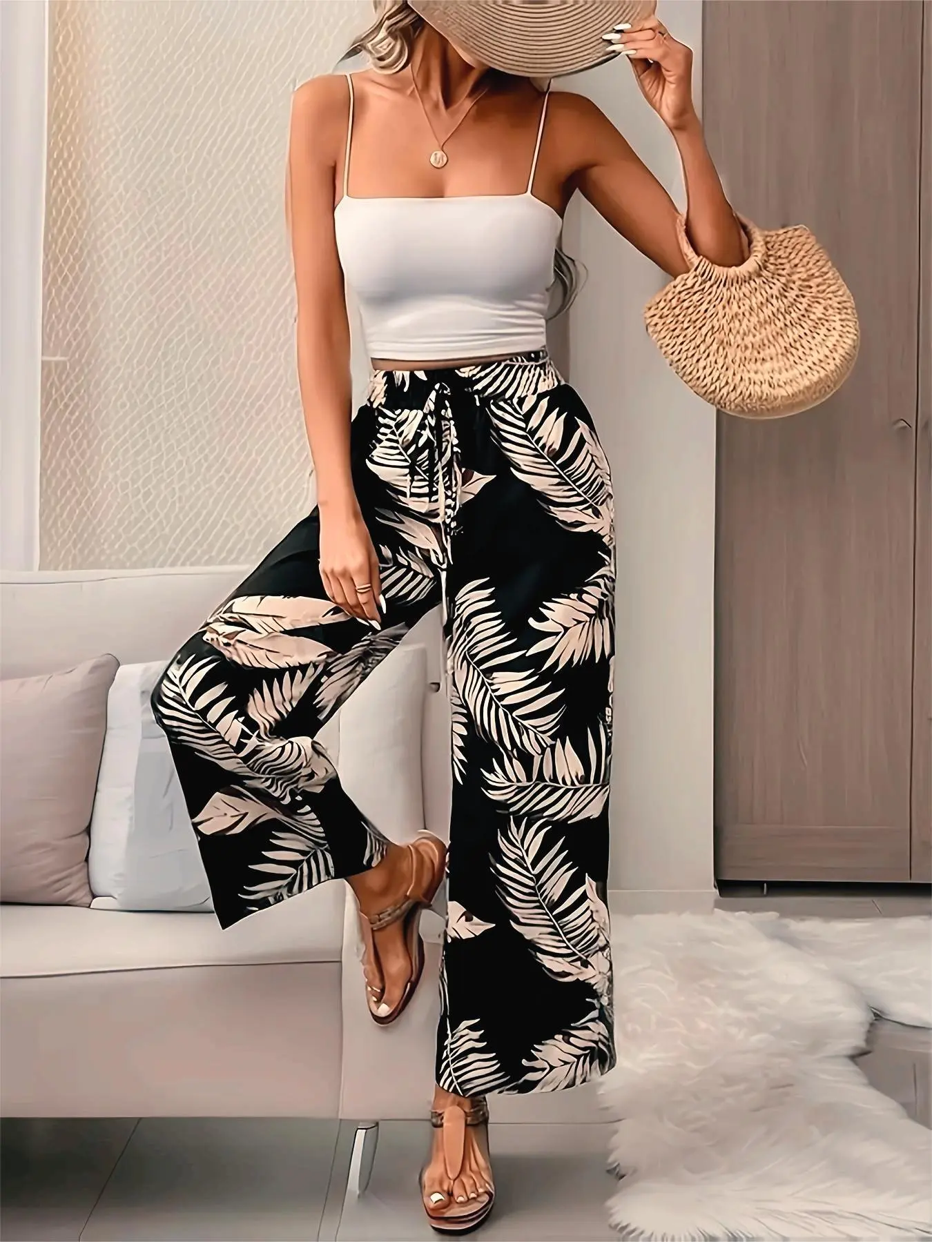 Women's Leaf Print Pants, Casual Wide Leg Pants for Beach Holiday Vacation, Ladies Clothes for All Seasons