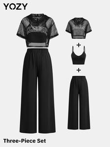 YOZY-GOOO Letter Print Hollow Out Hooded Mesh Top & Crop Cami Top & Elastic Waist Pants Set, Casual Fashion Baggy Drop Shoulder Short Sleeve Top & Camisole & Trousers, Women's Summer Outfits for Daily Wear