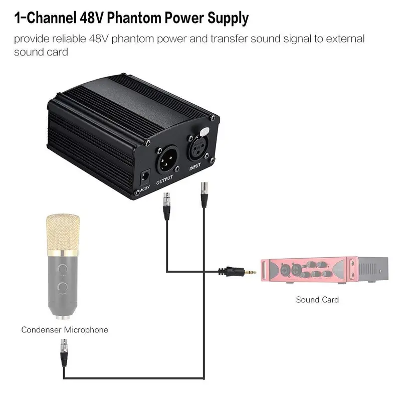 Paket Phantom Power Microphone 1 Channel 48V Supply for Condenser Microphone Plus Kabel XLR to XLR 3