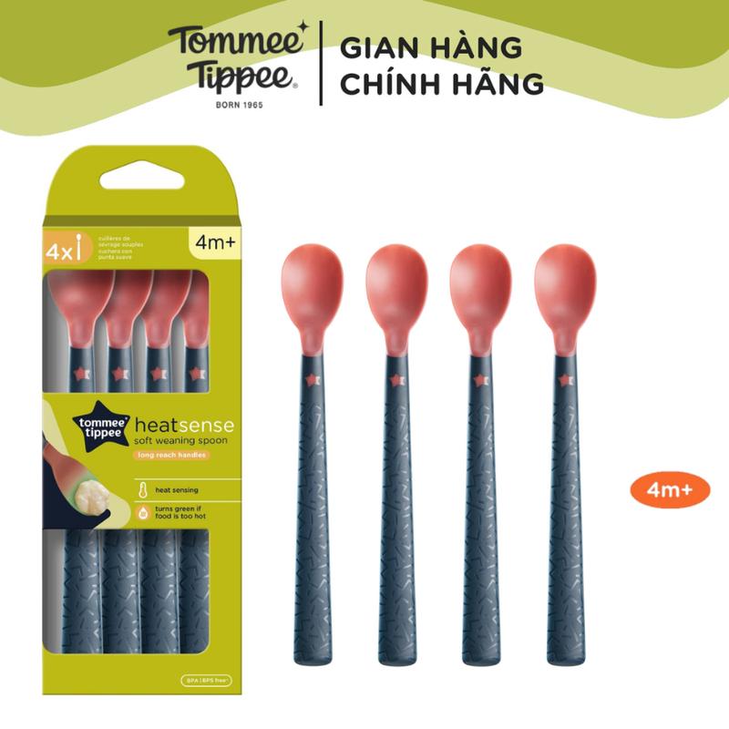 Thìa Ăn Dặm Bề Mặt Kháng Khuẩn Có Báo Nhiệt Cho Bé Tommee Tippee Heat Sense Từ 4 Tháng (Set 4 Thìa, Tách Lẻ)