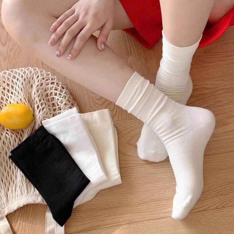 Set 10 đôi tất cao cổ nữ nam vớ trơn đen trắng be cotton phong cách hàn quốc