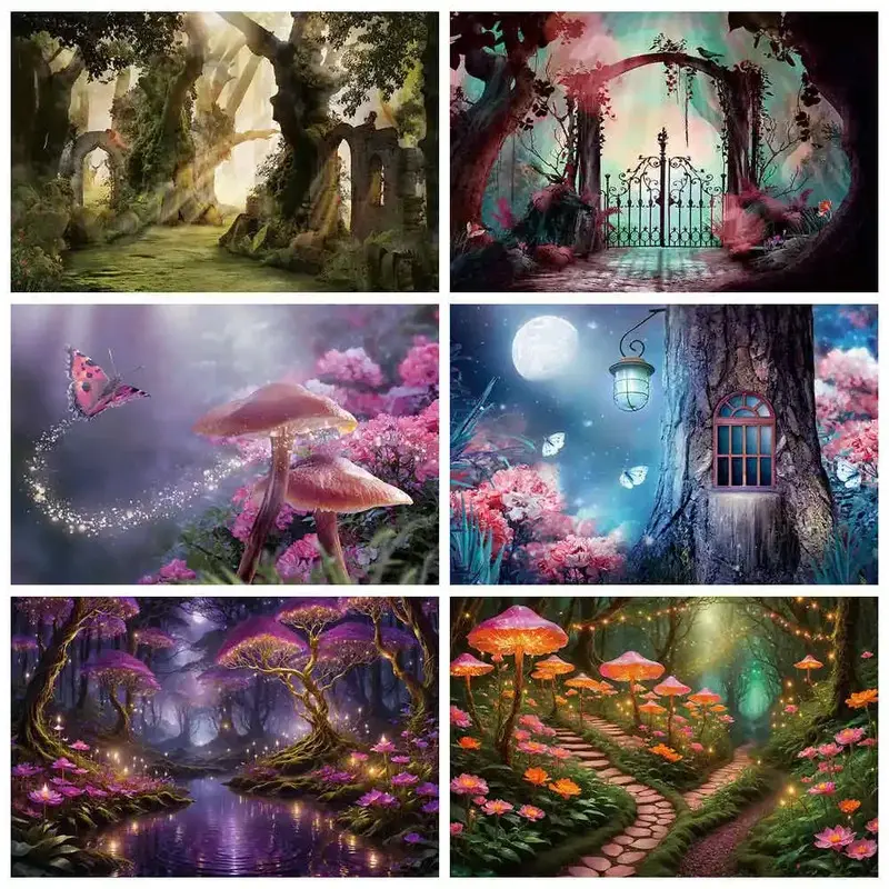 Phông Nền Chụp Ảnh, MOON.QG, Chủ Đề Vườn Rừng Mê Hoặc, Thích Hợp Cho Sinh Nhật Và Chụp Ảnh Trẻ Em, Thiết Kế Hình Nấm Và Bướm, Phông Nền Chụp Ảnh Lâu Đài