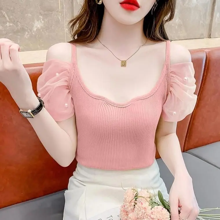 Áo Thun ngắn Tay Chất Liệu Lụa Lạnh Dành Cho Nữ, Bộ Sưu Tập Mùa Hè Mới 2024, Thiết Kế Đẹp, Phong Cách Độc Đáo, Xương Đòn Gợi Cảm, Kiểu Trễ Vai Áo Ngắn Women Top 1