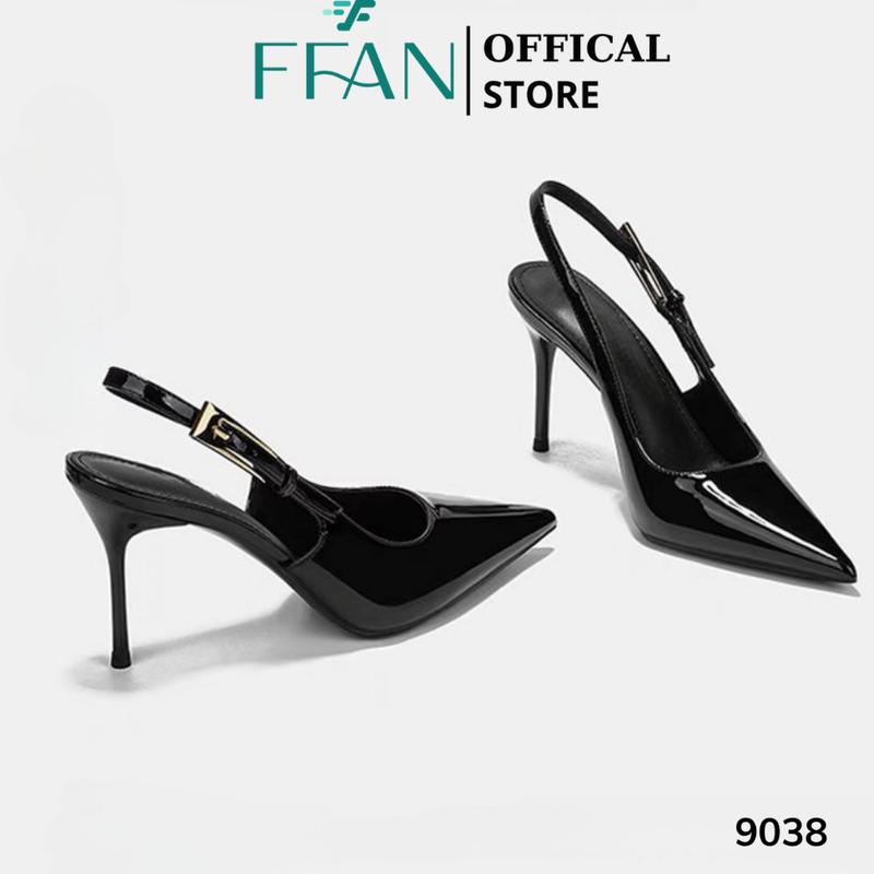 Giày cao gót mũi nhọn hở gót slingback [da bóng mềm mại] 9038 FFAN STORE gót nhọn 7 9 phân bít mũi big size màu đen