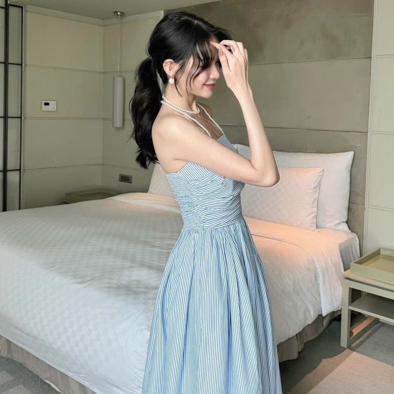 Váy thiết kế dành cho nữ Đầm maxi cúp ngực xếp ly sọc trắng xanh siêu tôn dáng mặc thoải mái phù hợp cho đi làm đi chơi và đi tiệc pusu house Nữ 6