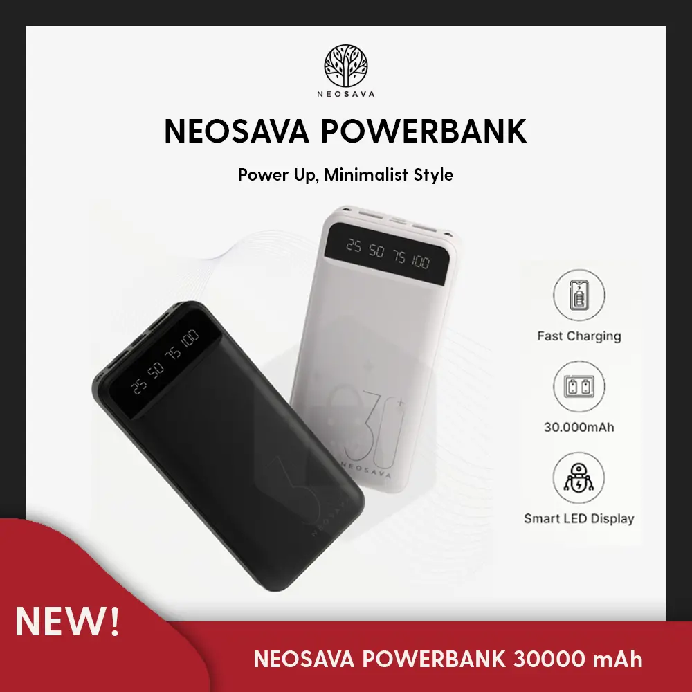 NEOSAVA POWERBANK 30000 mAh Type C Dual USB LED Fast Charging Iphone Android Universal Baterai Black