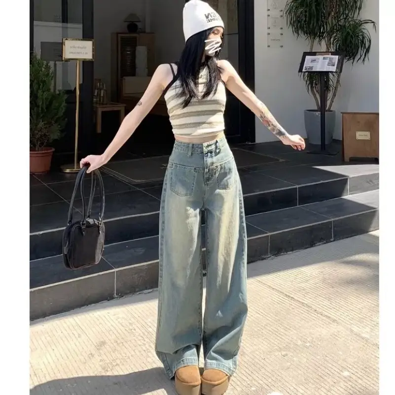Quần Jeans Suông Li Chéo Lưng Cao Màu Mới Phong Cách Hàn Quốc, Trẻ Trung, Năng Động, Cá Tính 2024 Nữ Voi Quần Ống Rộng Bạc Women