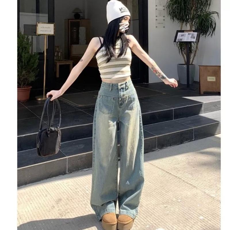 Quần jeans suông li chéo lưng cao màu mới phong cách Hàn Quốc, trẻ trung, năng động, cá tính 2024 Nữ Voi quần ống rộng bạc Women