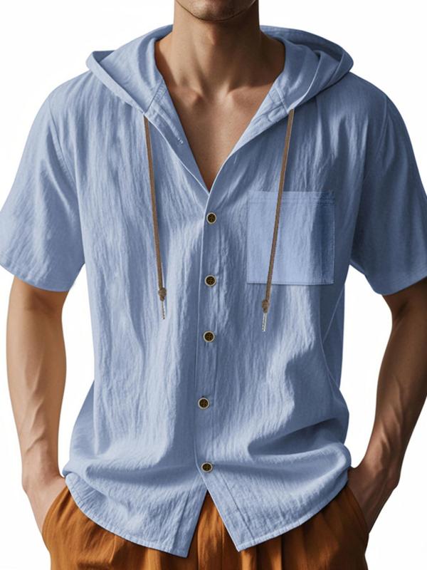 Men's Solid Color Thin Breathable Linen Shirt, Casual Short Sleeve Hooded Top for Summer, Fashion Men's Clothes for Daily Wear, Gamis 0