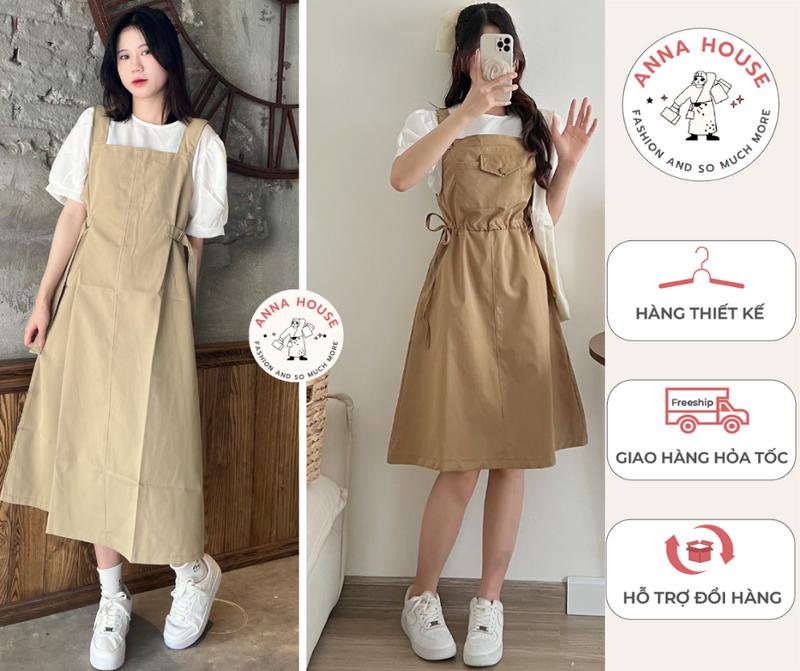 (Kèm áo trong) Set váy yếm nữ dáng dài suông rộng đai eo kèm áo sơ mi trắng - set yếm 2 dây bản to kèm áo tay bồng Ulzzang màu xanh, be Top Kem