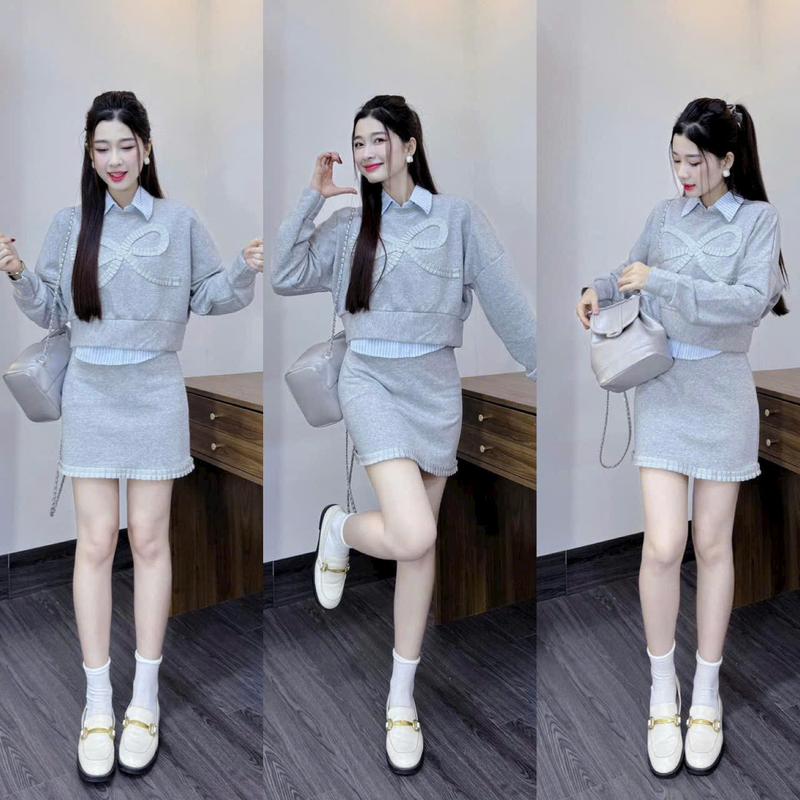  Sét 3 Món Khoác Tay Dài Và Chân Váy Nỉ Váy Có Lót Áo Sơ Mi Lụa Bên Trong Nữ Tính Sang Trọng Dễ Thương. Top Màu Đỏ Kem Women 