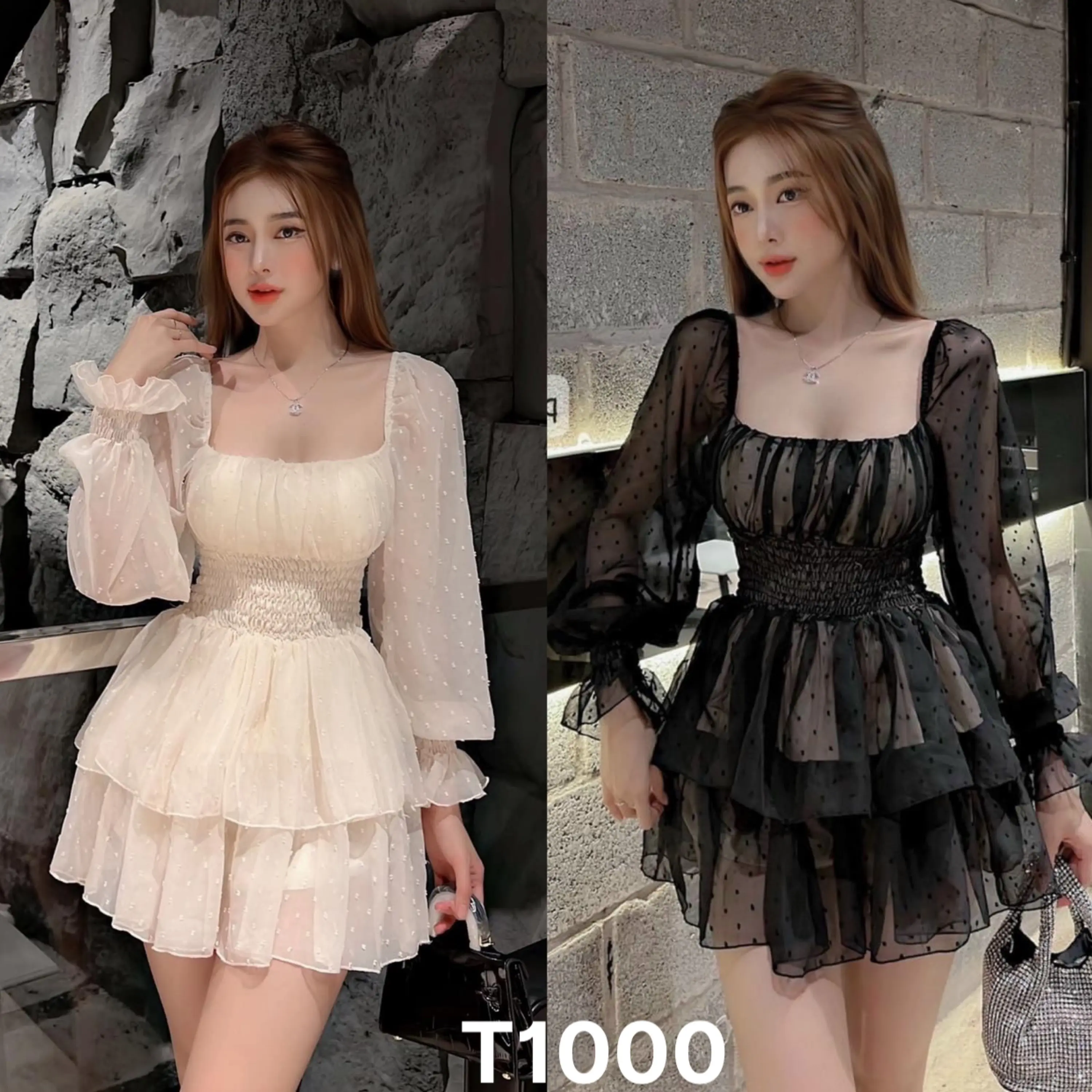 Đầm lưới chấm bi cổ vuông tay dài phối voan có mút T1000 TAA