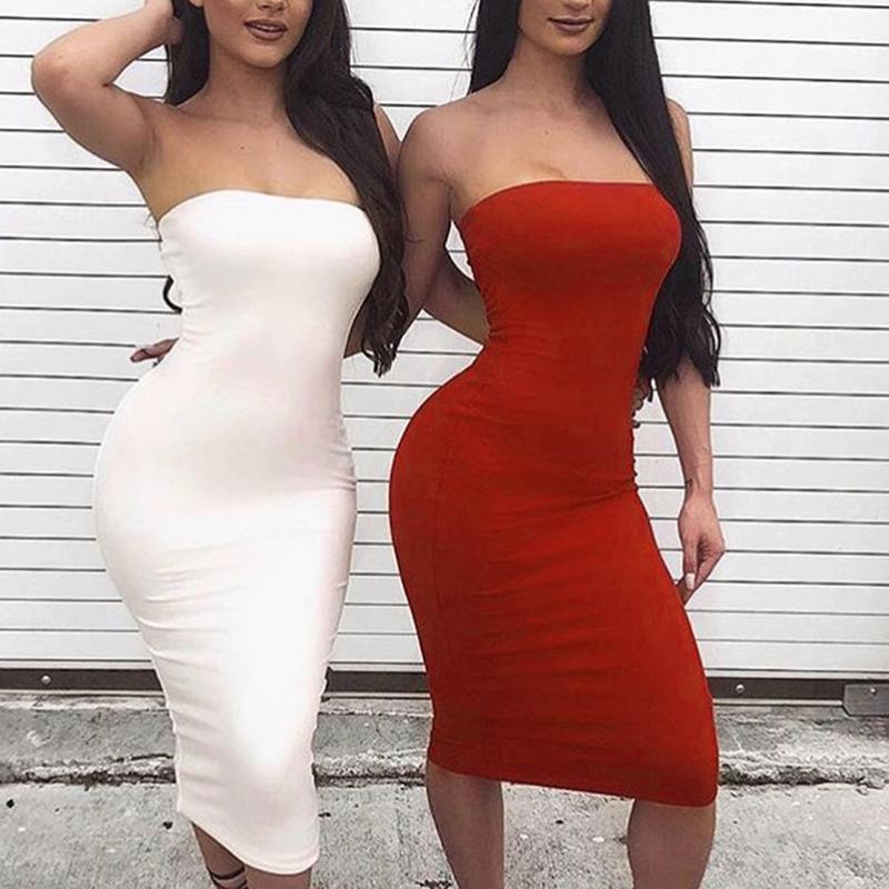 Fw.Q-Evening Party Night Club Sexy Women Solid Color Strapless Bodycon Long Dress 3
