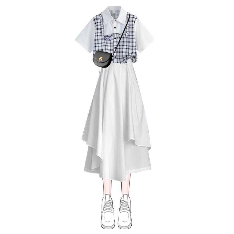 Product Introduction of Bộ Đồ Áo Sơ Mi, Phong Cách Preppy, Thiết Kế Trẻ Trung Và Ngọt Ngào Váy Bất Đối Xứng Bộ Đồ Hai Mảnh, Dành Cho Nữ, Bộ Đồ Mùa Hè Mới 2024 8