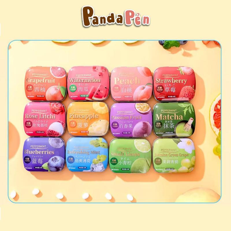  Kẹo Ngậm Bạc Hà Không Đường Hương Trái Cây Hộp Sắt Sang Trọng Ăn Vặt Panda Pẻn 