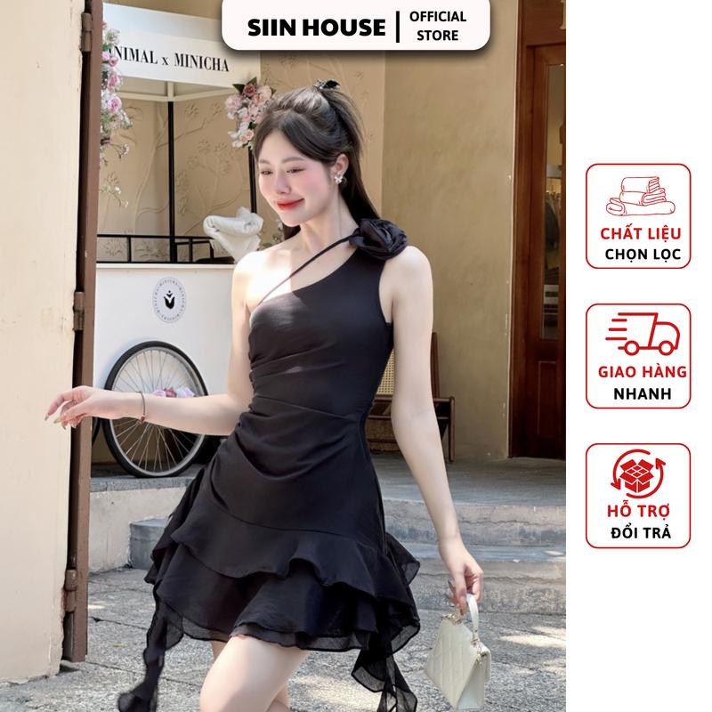 Đầm Tua Rua Lệch Vai Đính Hoa Dự Tiệc, Dạo Phố Nữ Women