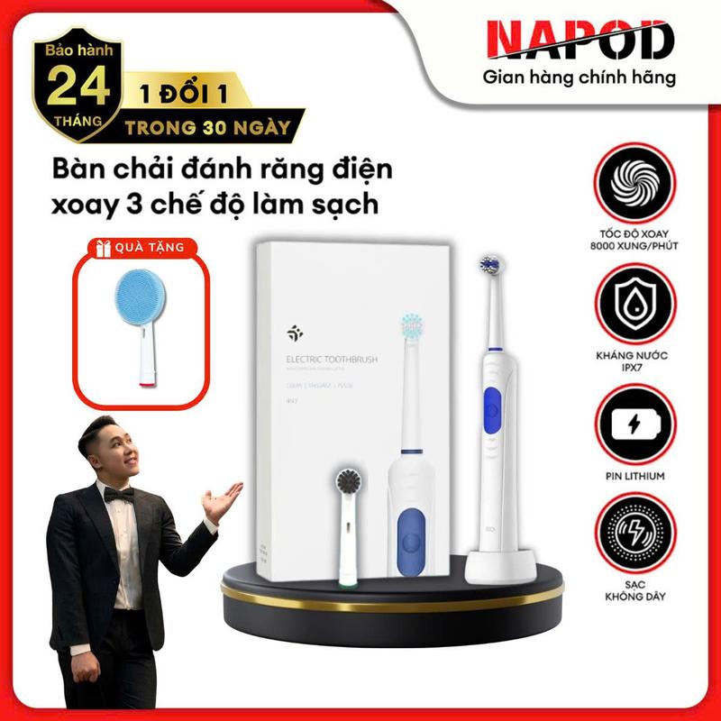 [VINHBANHBO] TẶNG đầu rửa mặt Bàn chải đánh răng điện xoay có 3 chế độ làm sạch vệ sinh răng miệng hạn chế viêm nướu kèm đế sạc không dây bảo hành 12 tháng.