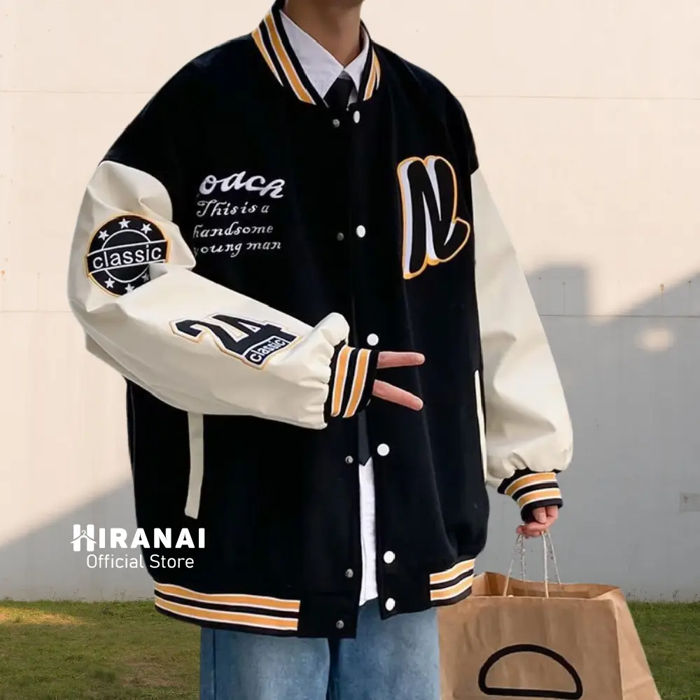 Men Baseball Jacket Varsity College Long Sleeve  Jaket Lelaki Retro Vintage Korean Style College Streetwear
