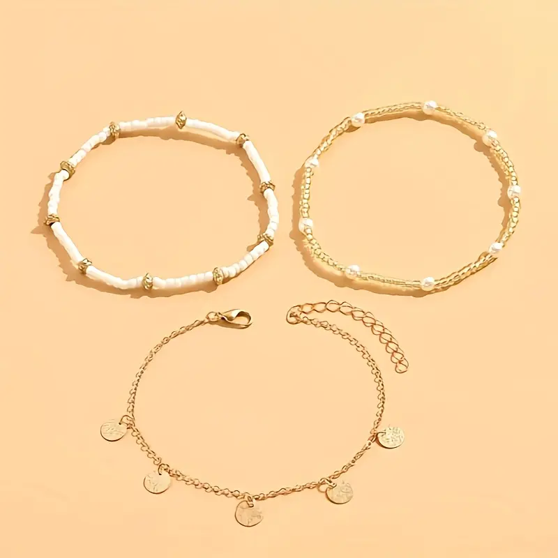 [3pcs Golden-Tone Pendant Anklet] 3pcs/Set Simple Golden-Tone Circular Pendant Tassel Beaded Anklet for Women, Suitable for Daily Wear And Vacation 2