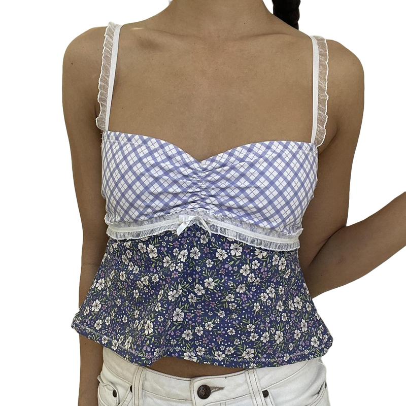 coat, Women Plaid Floral Print Camisoles Lace Trim Sleeveless Sling Tank Tops Summer Slim Fit Vests Crop Tops Streetwear 0
