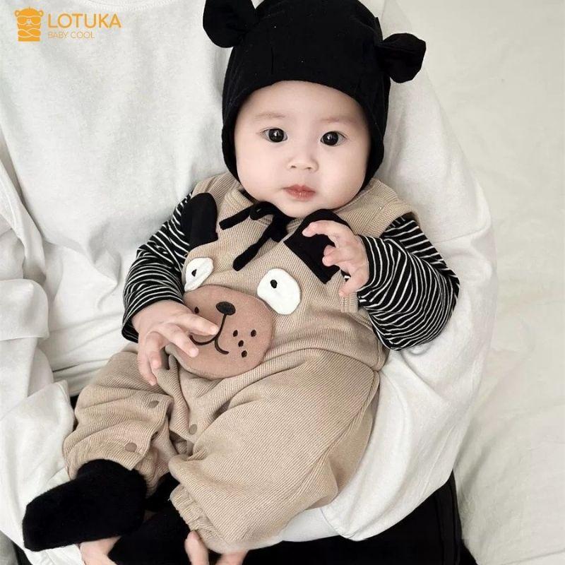 Set Yếm Gấu Tăm Lót Lông Nhung+Áo Kẻ Ấm Áp Cho Bé Body LOTUKA Bé Trai Bé Gái Quần Áo Trẻ Em Bộ Liền Thân Size 3-12kg