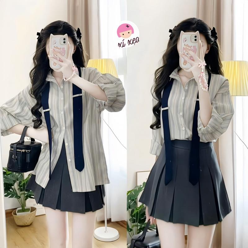  Áo sơ mi kẻ nữ dài tay cổ bẻ kèm cà vạt xixeoshop - A67 Top Women 