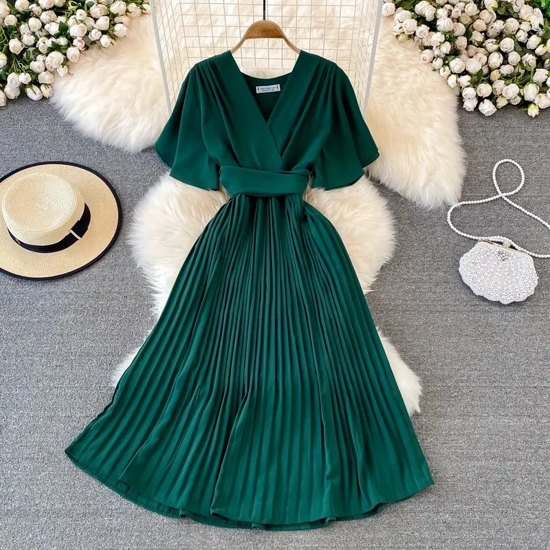 Đầm Xếp Ly, Phong Cách Thanh Lịch Mùa Hè, Dành Cho Phụ Nữ Hàn Quốc, ngắn Tay Áo, Cổ Chữ V Gợi Cảm, Thích Hợp Cho Bữa Tiệc, Đầm Midi Chữ A, Cạp Cao, Dành Cho Nữ