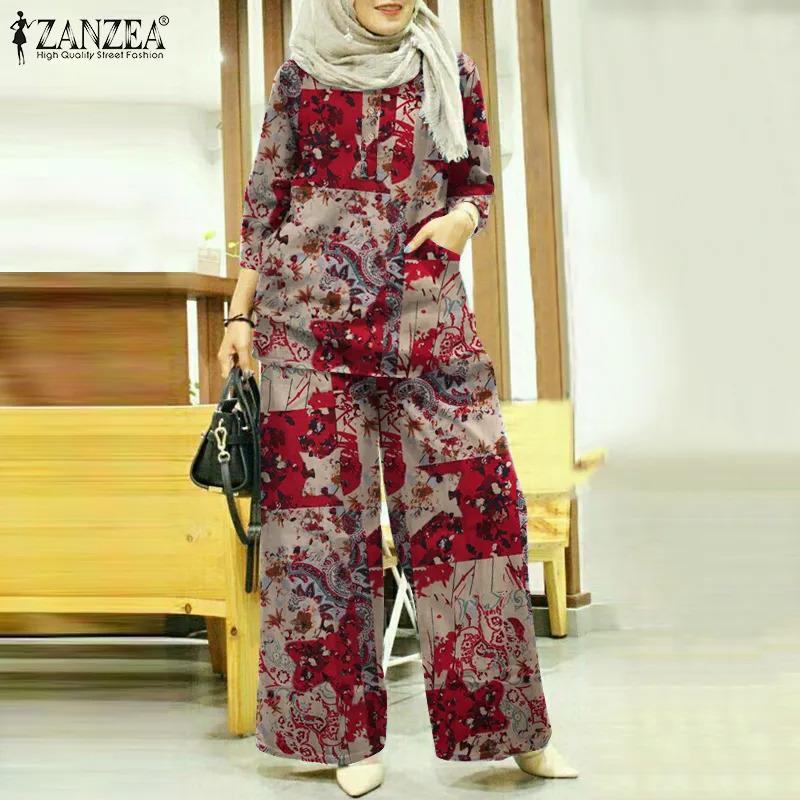 Product Introduction of ZANZEA Womens Muslim Cotton Printed Outfits 3/4 Sleeve Blouse Wide Leg Long Pants Loose Set Suit 8