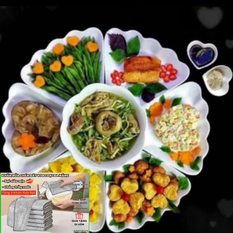 COMBO 2 BỘ BÁT ĐĨA HOA MẶT TRỜI nhựa nguyên sinh Màu Trắng Trơn + Tặng 2 Khăn Rửa Chén Bát Sợi Hợp Kim - Set bộ bát đĩa rẻ đẹp sang trọng dùng thắp hương bày ban thờ cúng gia tiên