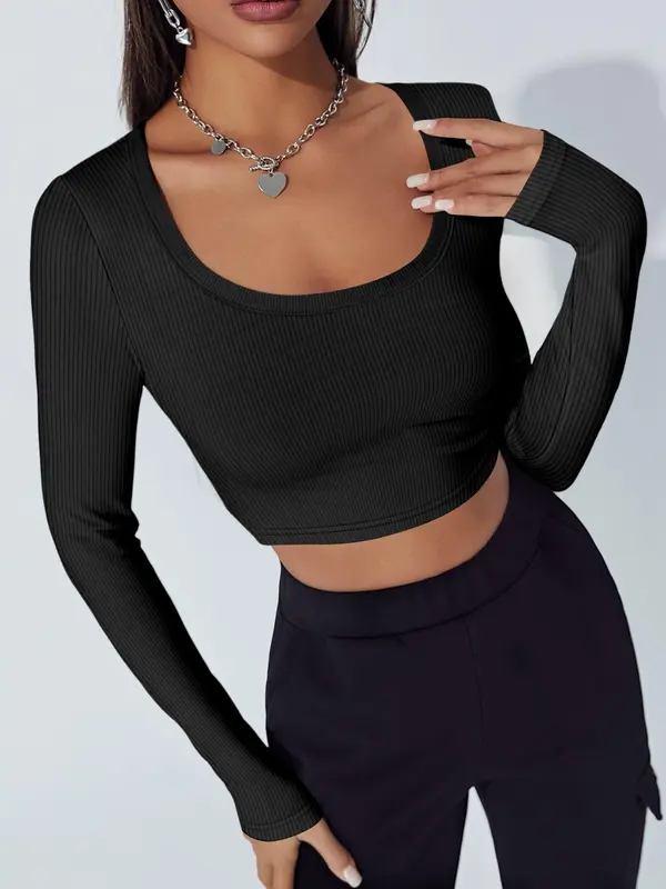 Women's Solid Long Sleeve Crop Tee, Casual Comfy Ribbed T-shirt for Daily Wear, Ladies Clothes for All Seasons 4