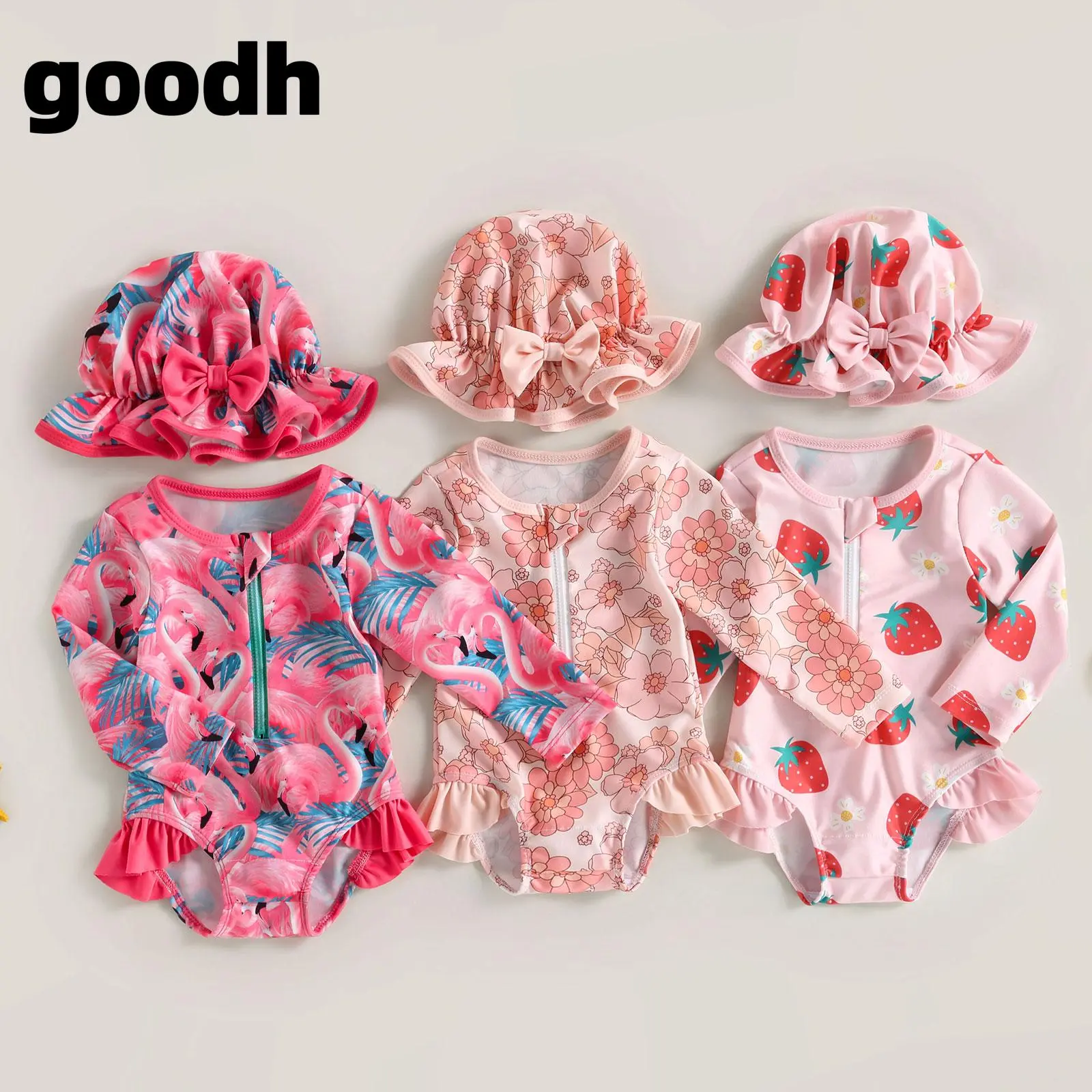 Baju Renang Stroberi Lengan Panjang untuk Bayi Perempuan dengan Topi Matahari - Merah baju  renang