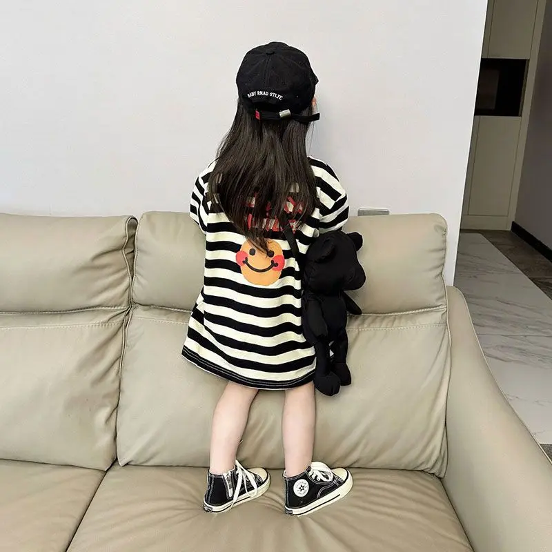 Váy Bé Gái, Phong Cách Phương Tây, Váy Len Dài Trung Bình Thiết Kế Mặt Cười Cho Trẻ Em, Váy Dài Tay Thường Ngày Kẻ Sọc, Hợp Xu hướng, Thích Hợp Cho Bé Gái 3