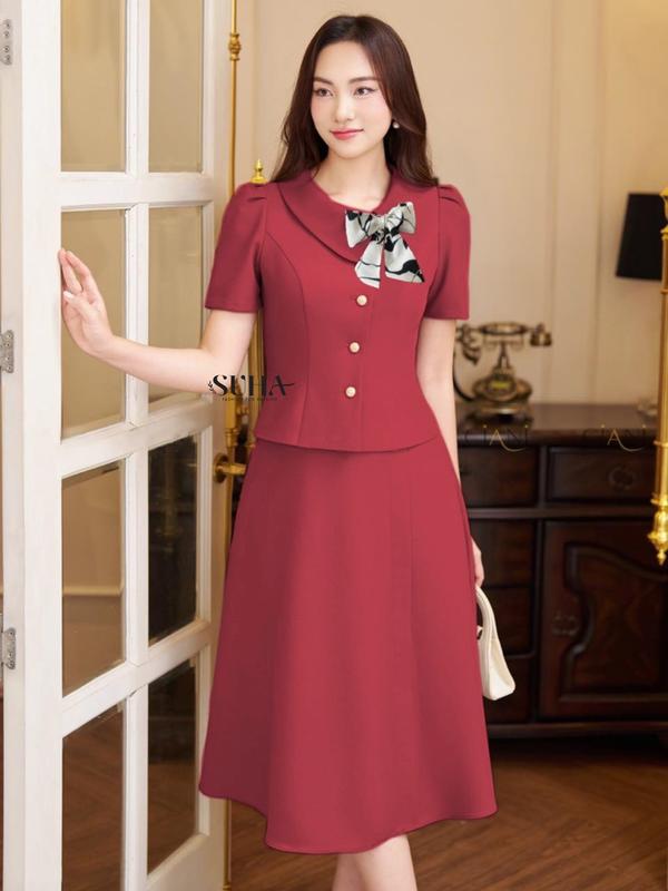 Set váy nữ thiết kế, chất liệu mềm mại, dài qua gối phù hợp đi chơi, đi đám cưới, đi làm Cara Set S1275 -Thoitrangsuha Women Áo Top vá y đen hoa đường viền