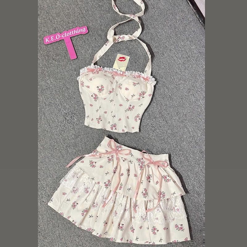 S319 Set yếm hoa nhí đính nơ và chân váy xoè xinh xắn - MITRUC Women Cotton Áo