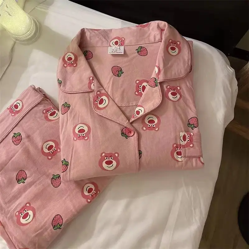 2023 New Strawberry Teddy Pink Pajamas for Women, Loose and Cute Cartoon Long Sleeve Long Pants Homewear Set