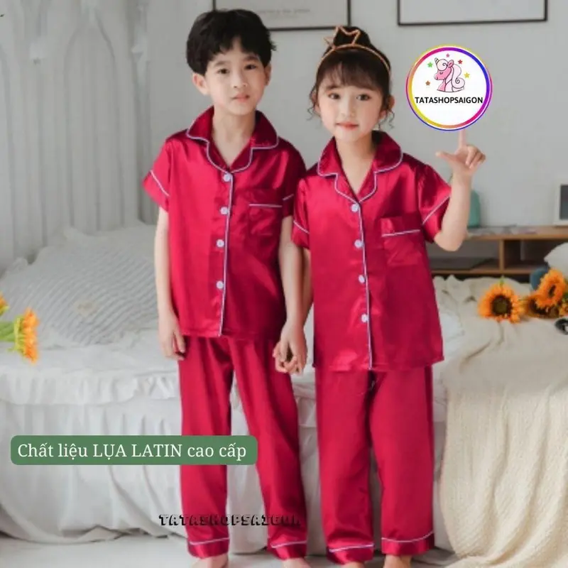 11-40kg Bộ pijama lụa tay ngắn quần dài bé trai bé gái mặc đẹp cao cấp 083 1