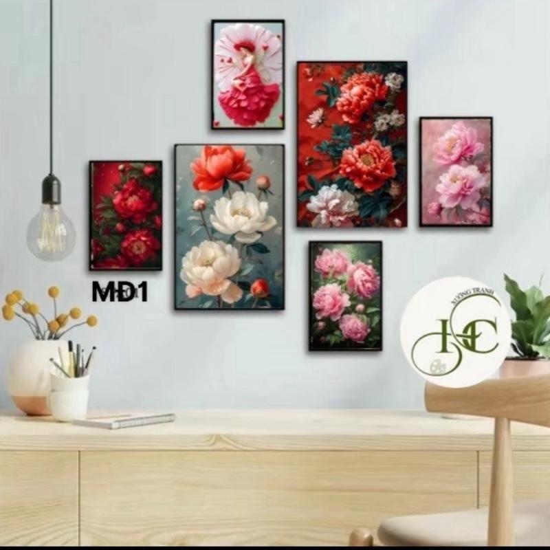 Bộ 6 Hoa mẫu đơn hoa hồng tượng trưng cho gia đình hạnh phúc đủ đầy viên mã giàu sang fomex 5mm,sẵn băng keo sau phong canh ngủ phòng tranh decor