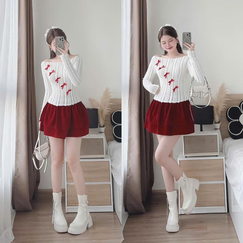Set đồ nữ áo len ren trễ vai tay dài đính nơ xéo mix chân váy nhung 2 tầng có lót dáng ngắn xinh xắn dành cho các nàng điện đi chơi đi tiệc.