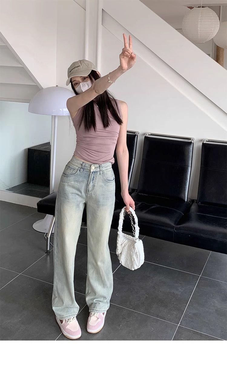 Product Introduction of Quần Jean Ống Rộng, Phong Cách Cổ Điển Mỹ, Dành Cho Nữ, Màu Xanh Dương, Dáng Rộng Vừa Vặn, Cắt Thẳng, Cạp Cao, Bó Sát, Xếp Ly, Quần Lau Nhà, Thời Trang Ins Women Pants 16