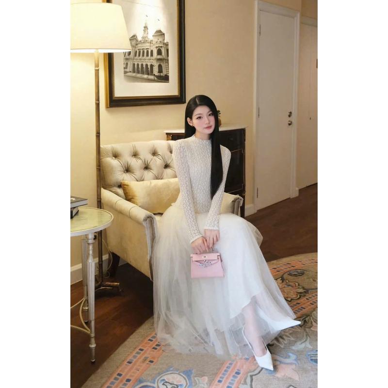 Đầm dự tiệc chất ren tay dài phối lưới dáng maxi màu nude, màu trắng, màu đen sang trọng T1024
