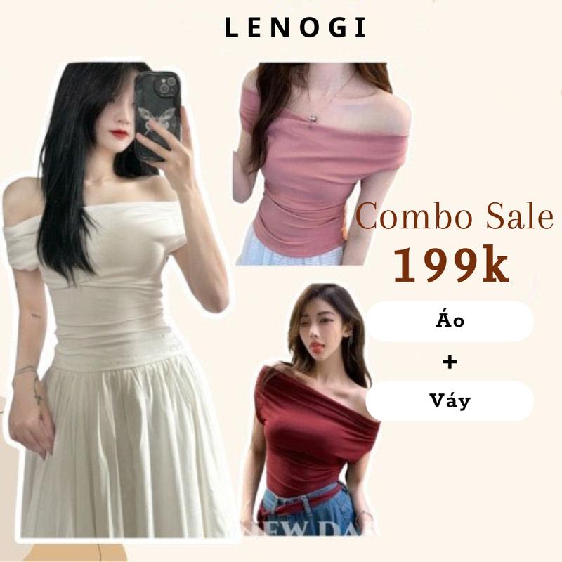Set Áo+ Váy LENOGI Áo trễ vai cộc tay nữ  kiểu bẹt vai mix chân váy dài  mùa hè coton mịn mát