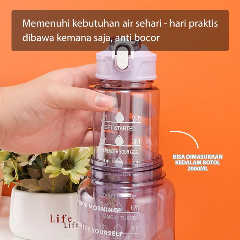 HUGO Botol Minum Motivasi 1 Liter Transparan Bening Botol Air Anak dengan Sedotan Premium BPA FREE 4