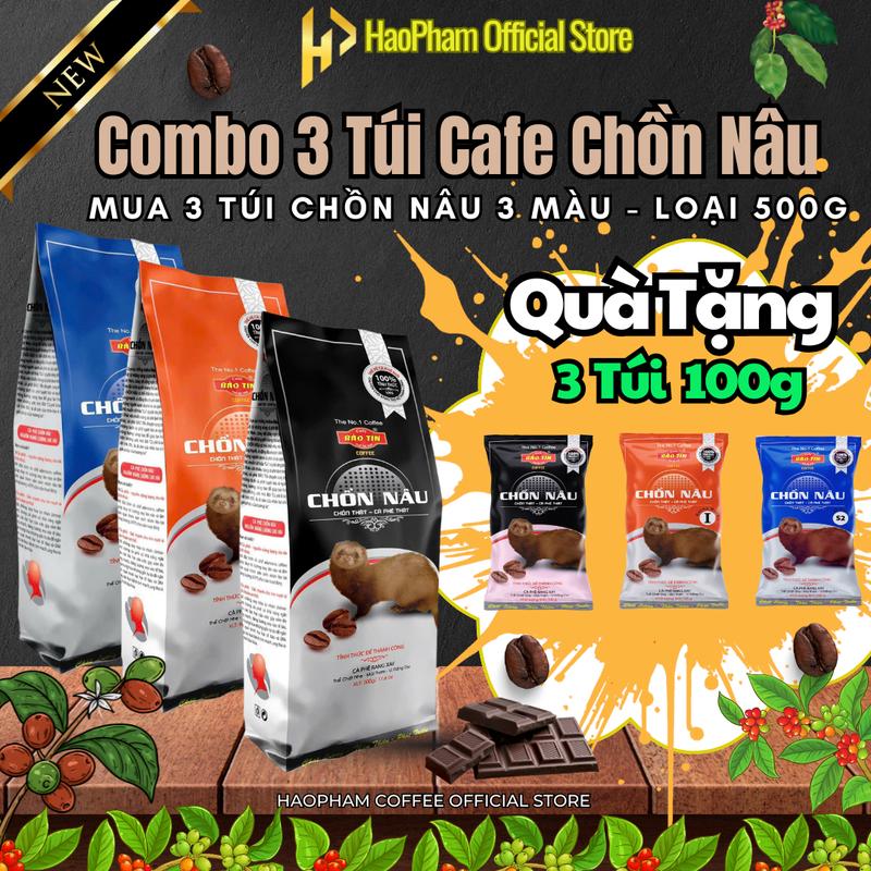 (Combo 3 Túi) Cà Phê Đen Đá Chồn Nâu Bảo Tín 500g, Gu Cafe trộn (Đậm Đen Mạnh Đắng Béo Thơm) Coffee Socola