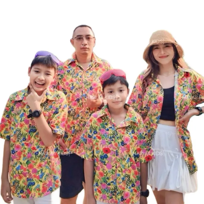 เสื้อฮาวายลายดอกไม้เล็ก สีเหลือง ทรงโอเวอร์ไซส์ อก28-46ใส่ได้ทั้งครอบครัว