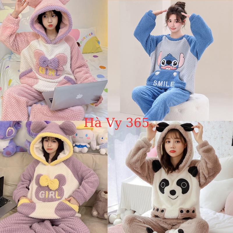 Bộ Đồ Ngủ Nữ Quần Áo Ngủ Mặc Ở Nhà Dài Tay Vải Bông Lông Cừu Có Mũ Hàng Cao Cấp Giữ Nhiệt Ấm Mùa Đông Đi Chơi Đều Đẹp